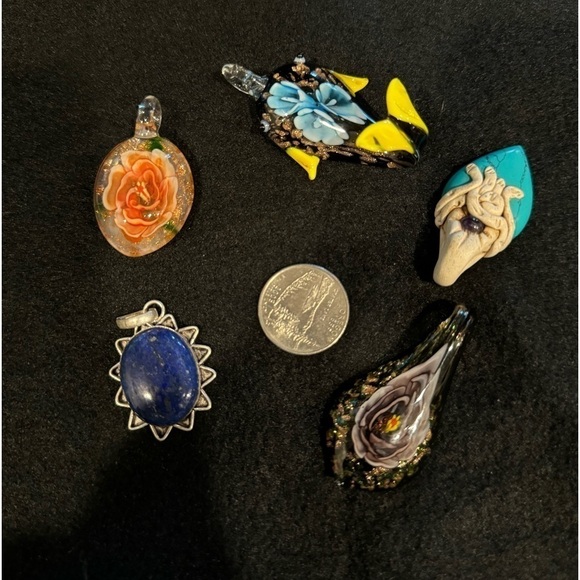 Silver Plated, glass & clay pendants Bohemian. Bundle of 5 - Picture 1 of 7